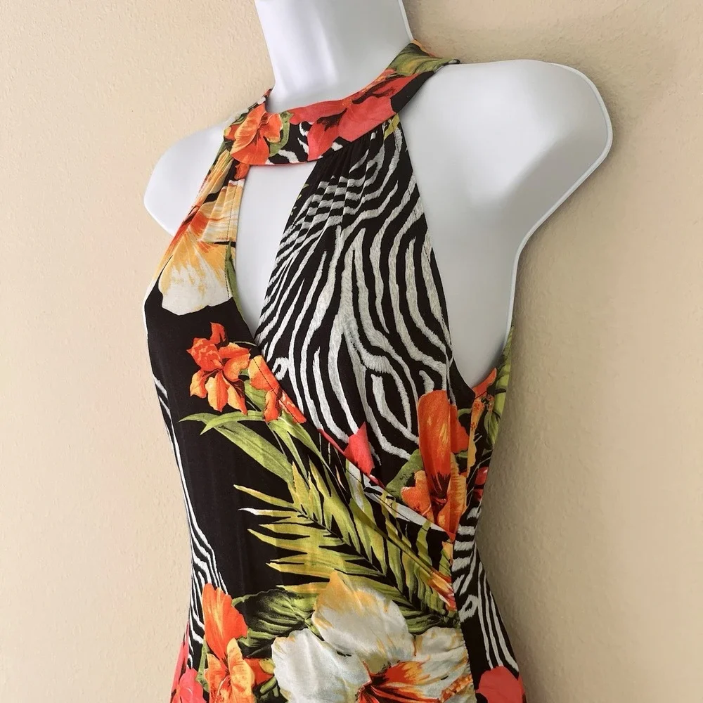 Vintage Cache Bodycon Dress Medium Faux Wrap Tropical Zebra 90s Maximalist USA - Picture 2 of 12